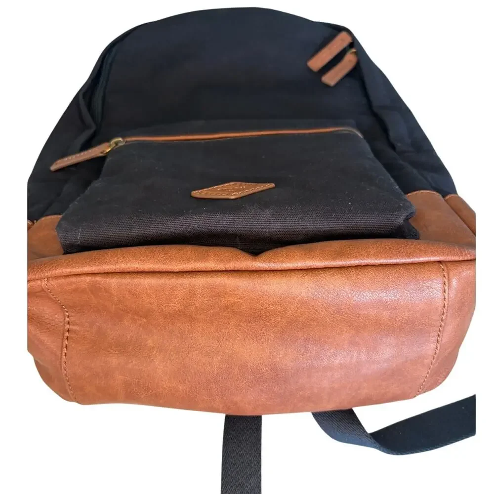 NWT Fossil Black Canvas & Brown Leather Classic Retro Vintage Backpack OS